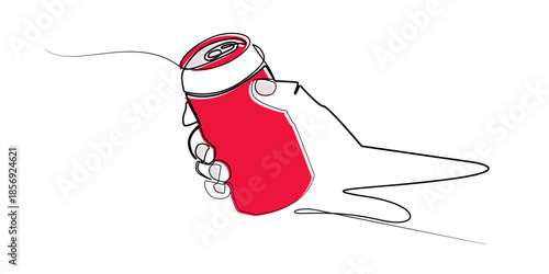 Continuous line drawing hand holding beverage can.symbolizing refreshment, casual lifestyle, and modern consumption. Single line illustration suitable for drink, branding, and advertising themes.