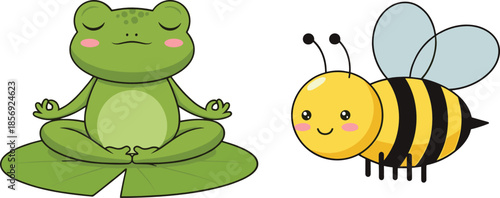 Cute cartoon frog meditating and smiling bee characters peaceful nature mindfulness illustration set