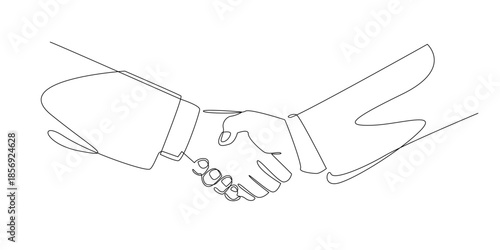 Continuous line drawing of two business hands shaking, symbolizing agreement, trust, partnership, and professional collaboration in a corporate context. Single line illustration.