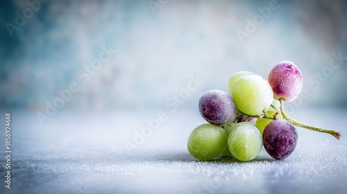   A cluster of grapes arranged atop a white countertop, adjacent to a blue wall