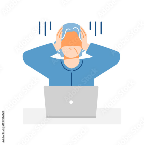 一般のシニア女性がPCを前にショックを受けている表情のイラスト。フラットデザイン。