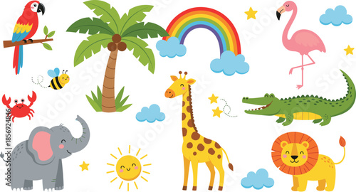 Cute cartoon jungle animals and tropical elements set with rainbow palm tree wildlife illustration collection