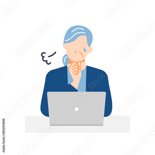 一般のシニア女性がPCを前に困惑している表情のイラスト。フラットデザイン。