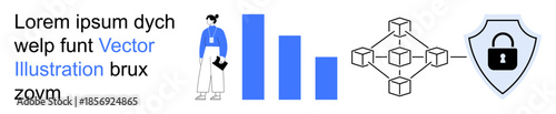 Blockchain technology, cybersecurity, data protection, business analytics, financial operations, digital networks. A shield lock, a blockchain diagram bar graph and a person. Cybersecurity