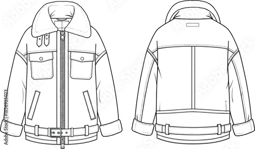 Oversized aviator shearling jacket technical drawing, front and back view, fashion flat sketch, winter outerwear coat, isolated on white, cad drawing flat vector illustration