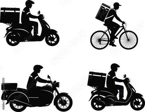 Set of delivery man silhouettes riding scooter motorcycle and bicycle, food courier service concept, isolated on white, cad drawing flat vector illustration