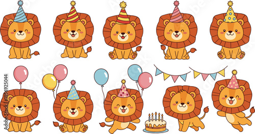 Cute cartoon lion birthday party characters set with balloons cake and decorations playful animal illustration