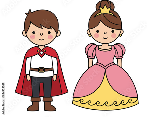 Cute cartoon prince and princess characters fairy tale royal kids illustration set isolated on white