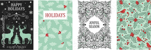 Set of vintage Christmas holiday greeting cards with reindeer, holly berries, floral frame and birds, winter season concept, cad drawing flat vector illustration