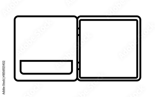 Simple black and white icon representing an open wallet or file folder with internal pocket on white background