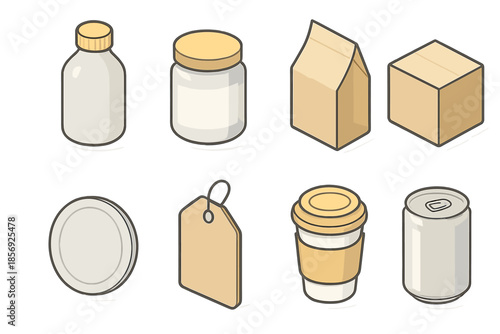 Isometric Packaging Icons. Packaging Mockups flat icons: bottle, jar, paper bag, box, can, label, tag, cup