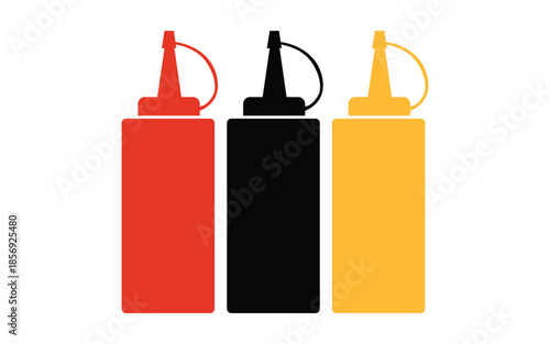 Three colorful condiment squeeze bottles representing ketchup mustard and sauce icons on white background
