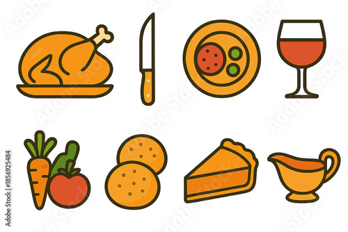 Festive Turkey Icons. Festive Turkey Meal modern flat vector icons: roast turkey, carving knife, plate, vegetables, bread rolls, pie slice, wine glass, sauce dish