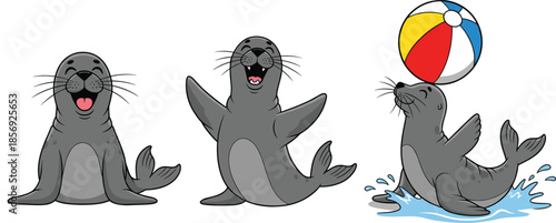 Cute cartoon seal characters playing and splashing with beach ball playful marine animal illustration set