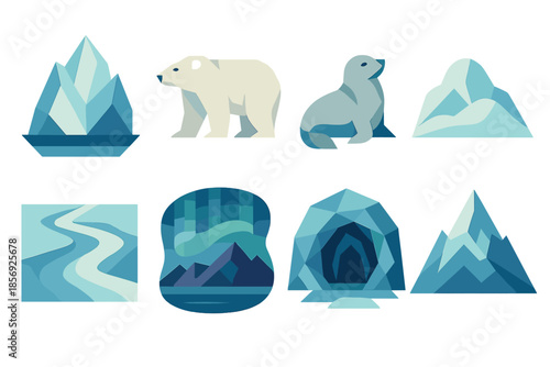 Frozen Wilderness Icons. Frozen Wilderness in geometric flat style: iceberg, polar bear, seal, snowdrift, frozen river, aurora borealis, ice cave, mountain peak