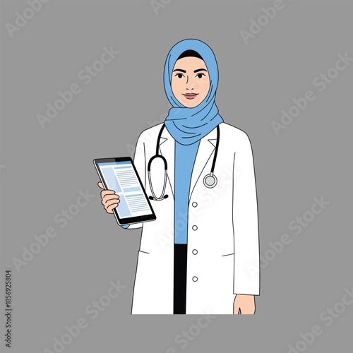 A female doctor wearing a hijab holding a tablet with a stethoscope around her neck