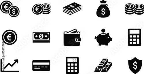 Vector financial icons set featuring money coins banknotes wallet piggy bank gold bars calculator credit card and growth graph for banking.
