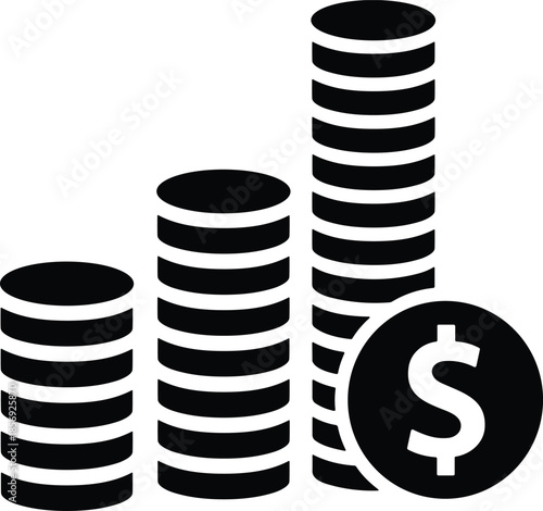 Black vector icon of coin stacks increasing in height, representing financial growth, money savings, profit, business success, wealth and investment.