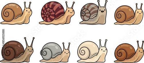 Cute cartoon snail characters set in different colors playful garden animal illustration collection isolated