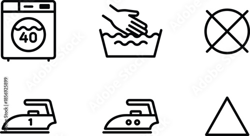 Laundry, care, instruction, icons, set, vector, washing, machine, hand, wash, iron, heat, bleach, dry, clean, textile, label, symbols, garment, maintenance.