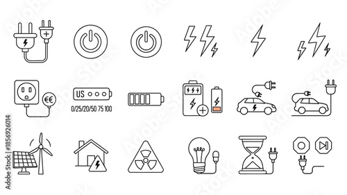 Energy sources and electrical components outlined in a monochrome icon set
