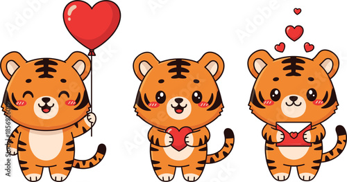 Cute cartoon tiger cub characters holding hearts and balloon love theme playful animal illustration set