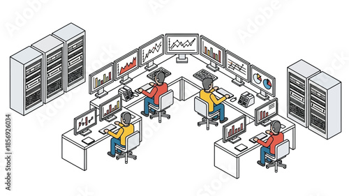 Isometric illustration of data analysts working in a modern server room environment