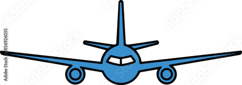 Vector, illustration, of, a, blue, commercial, airplane, front, view, aviation, travel, transport, flight, aircraft, jet, passenger, airline, icon, simple, graphic.