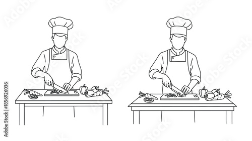 Two chefs preparing food at kitchen counters with various ingredients