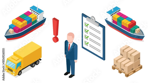 Isometric illustration of logistics shipping delivery and supply chain management concepts