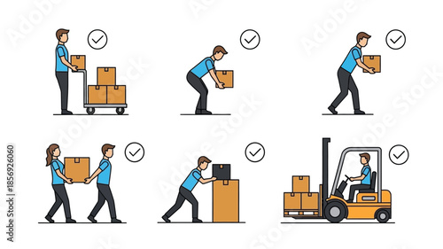 Proper lifting techniques and safe material handling illustrated in a series of images