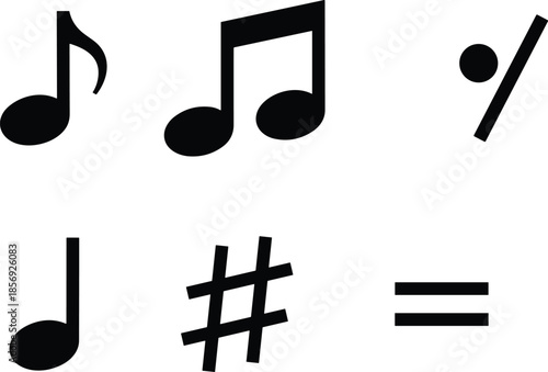 Musical notes and symbols set with eighth note beamed notes quarter note sharp sign equals symbol and percentage isolated on white,