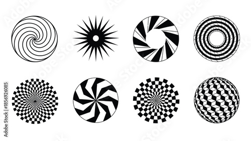 A collection of black and white circular optical illusions in a grid layout