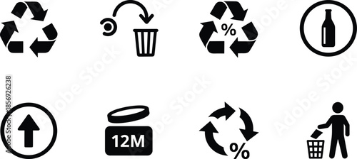 Recycling and packaging icons set with waste management symbols including recycle arrows, trash bin, period after opening, and eco-friendly signs.