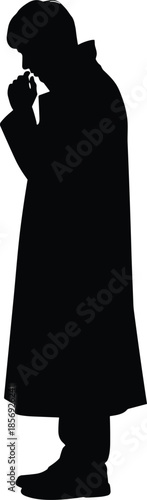 Contemplative silhouette of person in coat, thoughtful pose with hands raised, introspective gesture, black figure design, vector illustration