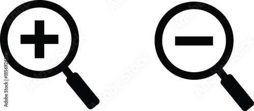 Zoom in and out magnifying glass icons set, vector search glass symbol, plus and minus signs, minimalist web interface buttons.