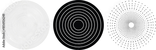 Concentric circle patterns, abstract radial symmetry, black and white design, optical illusion art, geometric texture, modern graphic background, flat vector illustration