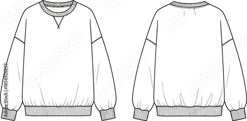 Crew neck sweatshirt technical sketch, front and back view, fashion flat drawing, garment design template, apparel vector, flat vector illustration