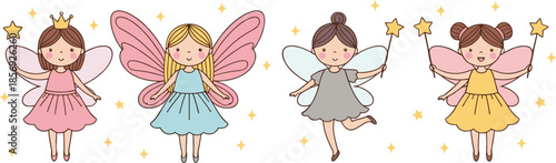 Cute fairy girls with wings and stars magical fantasy cartoon illustration set for kids designs