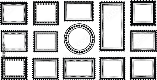 Decorative frame collection, black and white borders, stamp-style label designs, geometric edge patterns, graphic template set, flat vector illustration