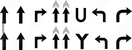 Directional arrow symbol set, navigation icons grid, road sign variations, black and gray graphic elements, flat vector illustration