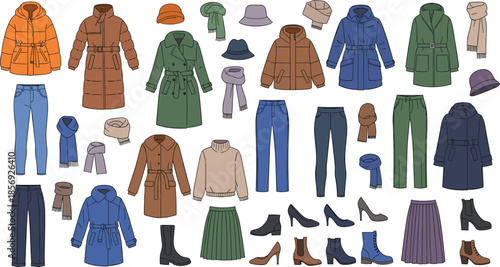 Winter fashion collection, seasonal clothing and accessories, coats, boots, scarves, hats, stylish wardrobe elements set, flat vector illustration