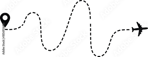 Air travel path illustration, flight route graphic, airplane silhouette with location pin, transportation concept design, flat vector illustration