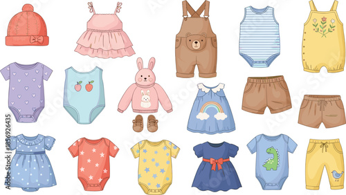 Baby clothing and accessories set, cute outfit collection, infant fashion design, colorful garment styles, nursery apparel, flat vector illustration