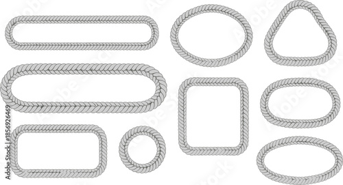 Braided rope loop shapes, geometric cord design, textile vector elements, industrial contour graphics, flexible material forms, flat vector illustration