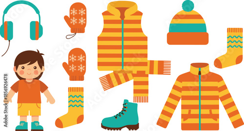 Cute winter clothing and accessories set for kids warm seasonal fashion cartoon illustration collection