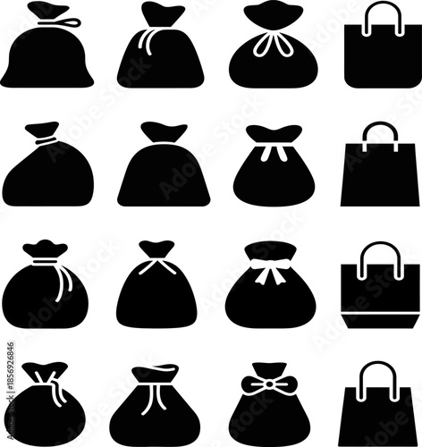Money Bag and Shopping Bag Icons Set, Black Silhouette Finance and E-commerce Symbols
