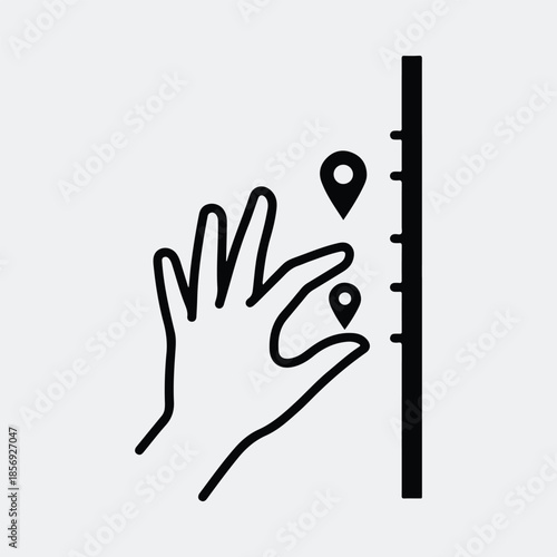 Silhouette Hand measuring distance between location pins on a vertical scale vector illustration