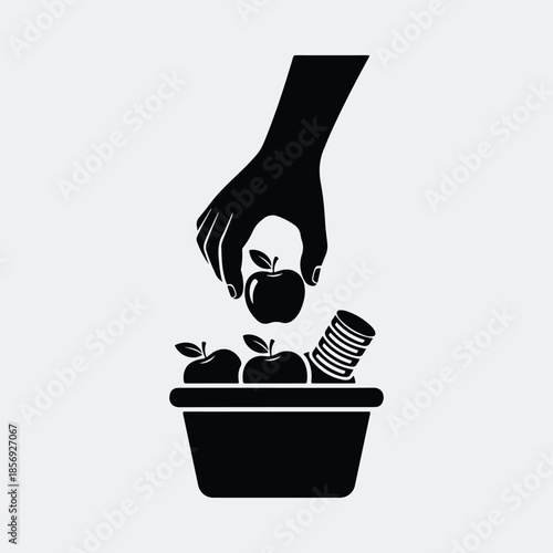 Silhouette hand picking apple from basket with money and fruit vector illustration