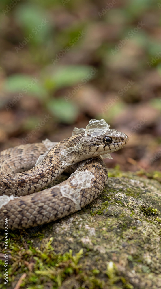 Obraz premium Snake rests on mossy rock. Close snake shows shed skin in forest, snake renewal symbol for earthday, worldwildlifeday campaigns, macro wildlife concept, natural habitat background scene